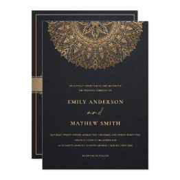 Small Elegant Black Gold Classic Ornate Mandala Wedding Invitation Front View