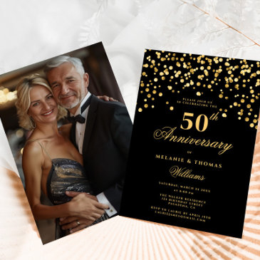 elegant black gold photo 50th wedding anniversary invitation