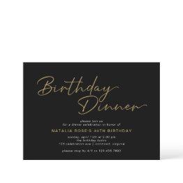 Small Elegant Black & Gold Script Modern Birthday Dinner Invitation Front View
