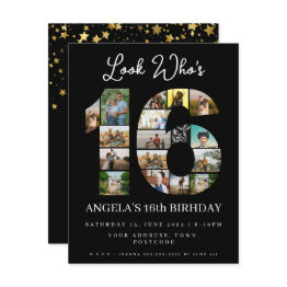 Small Elegant Black Look Who's 16 Photo Collage Invitation Front View