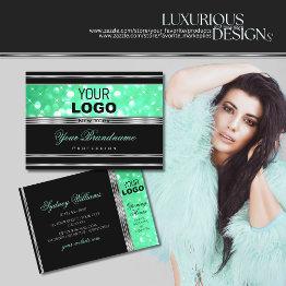 Small Elegant Black Mint Green Glitter Stars Logo Silver Business Invitations Front View