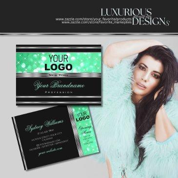 elegant black mint green glitter stars logo silver business invitations