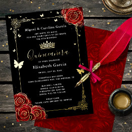 Small Elegant Black Quinceanera Red Rose Real Gold Foil Invitation Front View