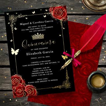elegant black quinceanera red rose real gold foil invitation