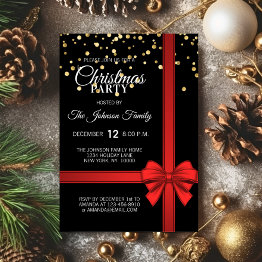 Small Elegant Black Red Bow Christmas Holiday Party Invitation Front View
