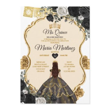 elegant black white and gold floral mis quince invitation