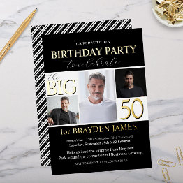 Small Elegant Black White Gold 50th Birthday Invitation Foil Invitation Front View