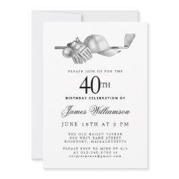 Small Elegant Black White Golf 40th Birthday Party Invitation Front View