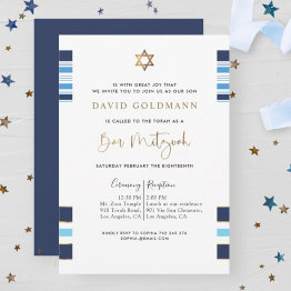 Small Elegant Blue And Gold Striped Tallit Bar Mitzvah Invitation Front View