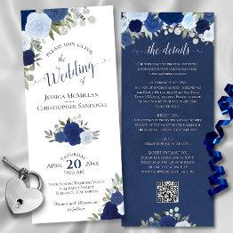 Small Elegant Blue Boho Roses Qr Code Details Wedding Invitation Front View