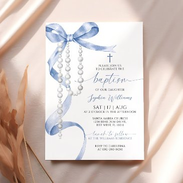elegant blue bow & rosary baptism invitation