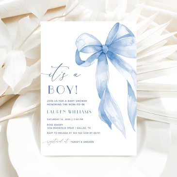 elegant blue coquette bow its a boy baby shower invitation