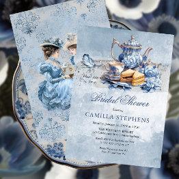 Small Elegant Blue Floral Tea Set Bridal Shower Tea Invitation Front View