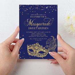 Small Elegant Blue Gold Glitter Masquerade Sweet 16 Invitation Front View