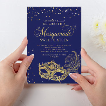elegant blue gold glitter masquerade sweet 16 invitation