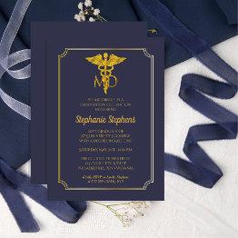 Small Elegant Blue | Gold Md Physician Graduation Party Invitation Front View