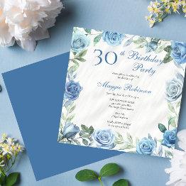 Small Elegant Blue Rose Floral Frame 30th Birthday Party Invitation Front View