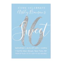 Small Elegant Blue Silver Sequin Glitter Sweet 16 Invitation Front View