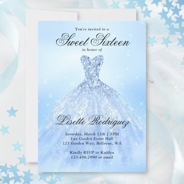 elegant blue sweet sixteen 16th birthday party invitation