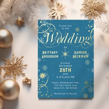 elegant blue winter wonderland wedding gold foil invitation