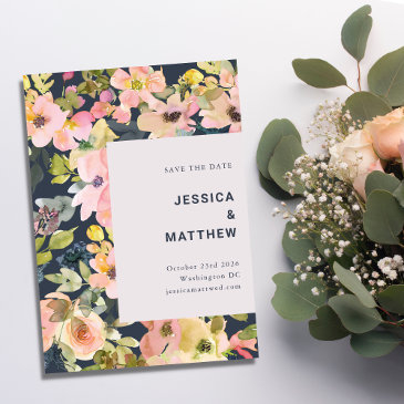 elegant blush and navy watercolor floral wedding save the date