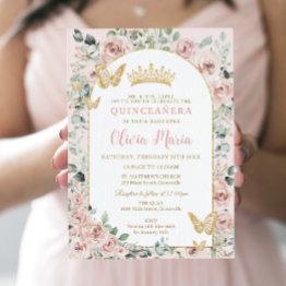 Small Elegant Blush Floral Butterflies Gold Quinceañera Invitation Front View