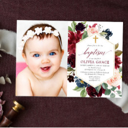 Small Elegant Blush Pink Burgundy Navy Baptism Photo Invitation Front View