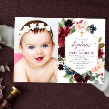 elegant blush pink burgundy navy baptism photo invitation