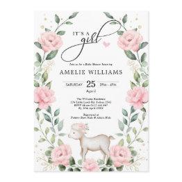 Small Elegant Blush Pink Flower Lamb Girl Baby Shower Invitation Front View