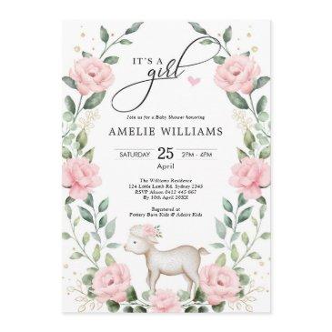 elegant blush pink flower lamb girl baby shower invitation