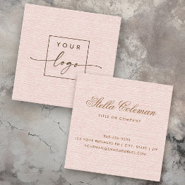 Small Elegant Blush Pink Linen Look Custom Logo Square Business Invitations Front View