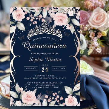 elegant blush pink navy rose gold quinceanera foil invitation