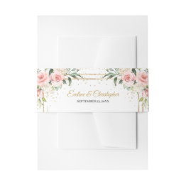 Small Elegant Boho Blush Pink Roses Greenery Gold Frame Invitation Belly Band Front View
