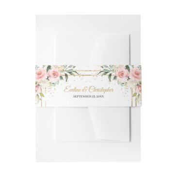 elegant boho blush pink roses greenery gold frame invitation belly band