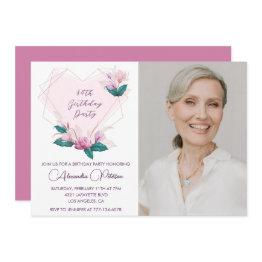 Small Elegant Boho Pink Floral Photo 84th Birthday Invitation Front View