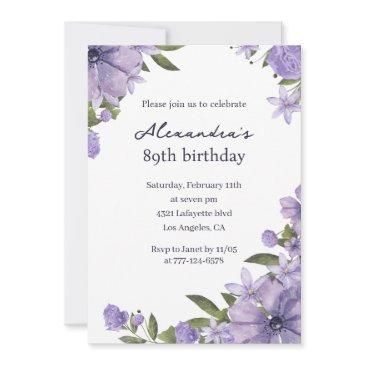 elegant boho purple floral 89th birthday invitation