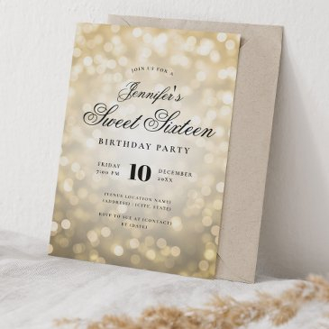 elegant bokeh lights formal script sweet 16 gold invitation