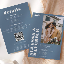 Small Elegant Bold Simple White Dusty Blue Photo Wedding Invitation Front View