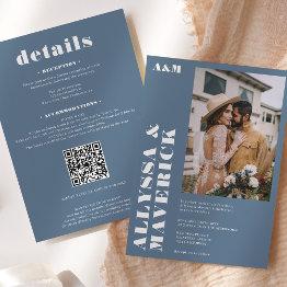 Small Elegant Bold Simple White Dusty Blue Photo Wedding Invitation Front View