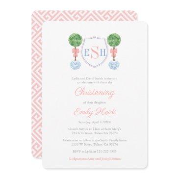 elegant boxwood monogram girl christening party invitation