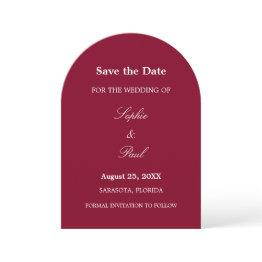 Small Elegant Burgundy Arch Save The Date Front View