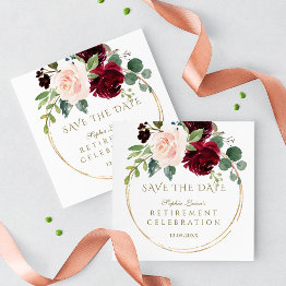 Small Elegant Burgundy Blush Floral Gold Retirement Save The Date Front View