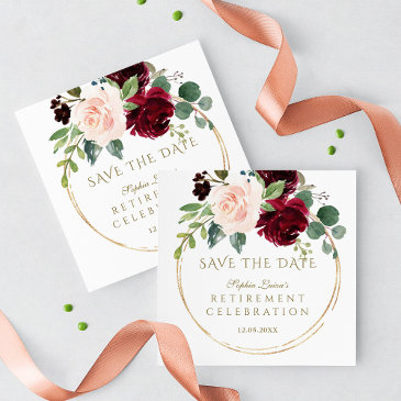 elegant burgundy blush floral gold retirement save the date