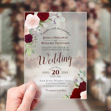 elegant burgundy red & pink roses boho wedding acrylic invitations