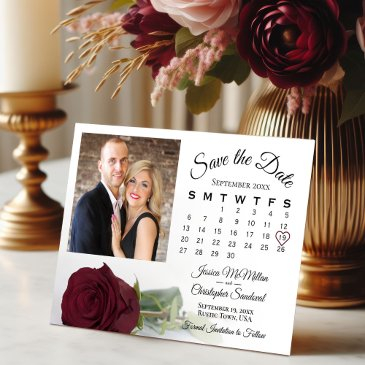 elegant burgundy rose wedding calendar & photo save the date