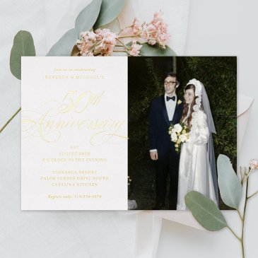 elegant calligraphy 50th golden anniversary photo foil invitation