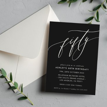 elegant calligraphy chic 50th birthday black white invitation