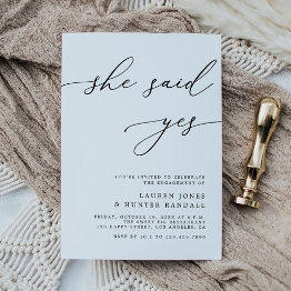 Small Elegant Calligraphy She Said Yes Engagement Party Invitation Front View