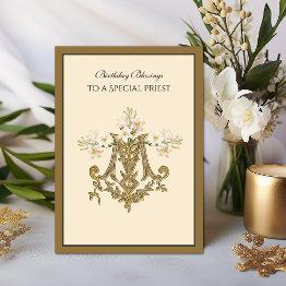 Small Elegant Catholic Priest Gold Marian Cross Lilies Invitations Front View