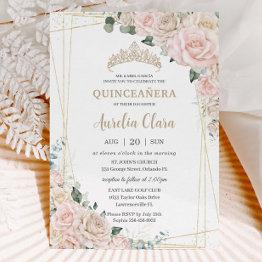 Small Elegant Champagne Ivory Blush Floral Quinceañera Invitation Front View